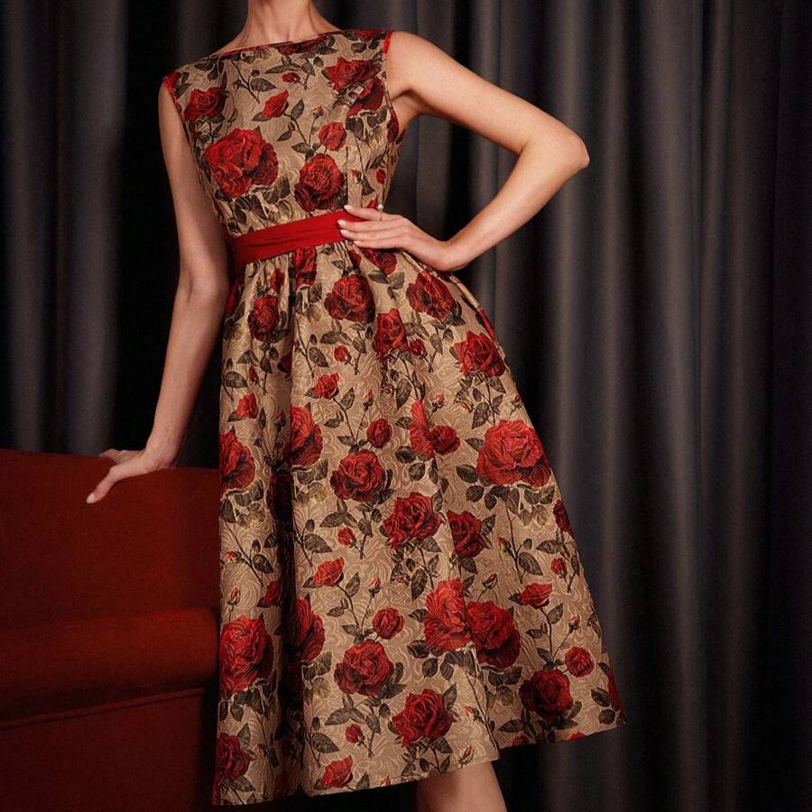 فستان Vintamour بطبعة الزهور وحزام الخصر